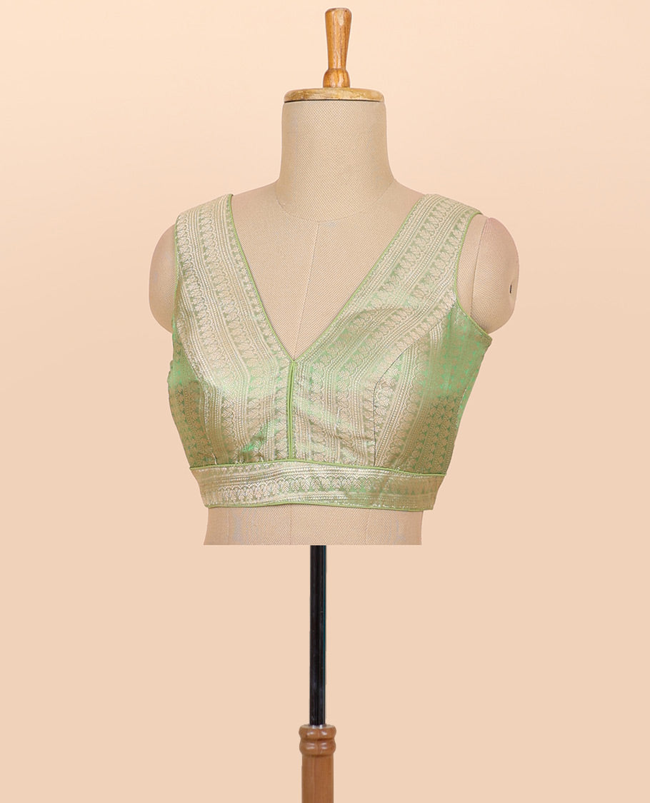 Light green floral zari design front & back deep v-neck raw-silk readymade sleeveless blouse