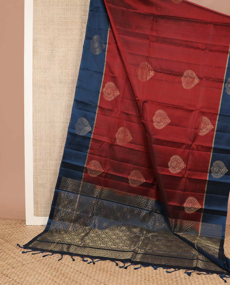 Red zari buttas silk mix saree, contrast zari buttas border & zari-rich intricate jaal pallu