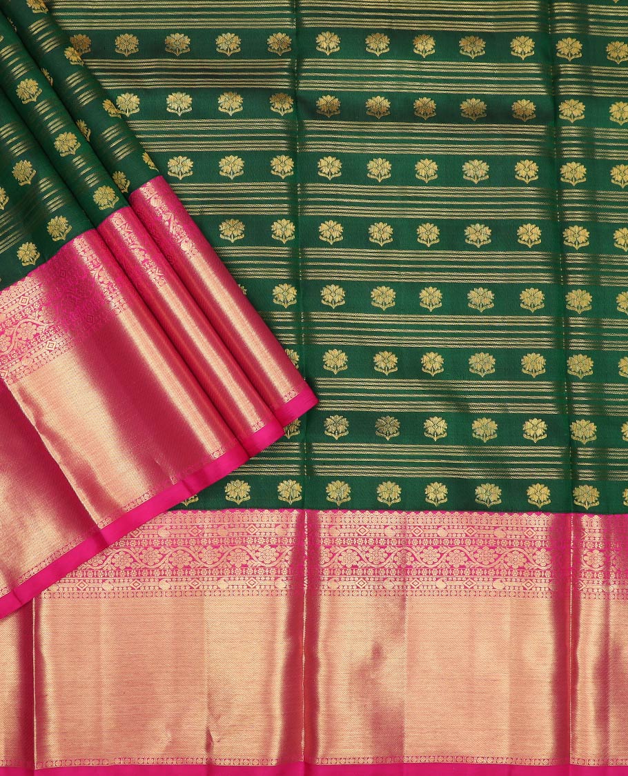 Green pure-silk half-saree with zari buttas, stripes and contrast traditional design bordered skirt, contrast zari design blouse, and jaal design dhavani