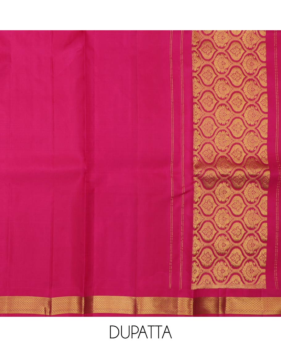 Green pure-silk half-saree with zari buttas, stripes and contrast traditional design bordered skirt, contrast zari design blouse, and jaal design dhavani