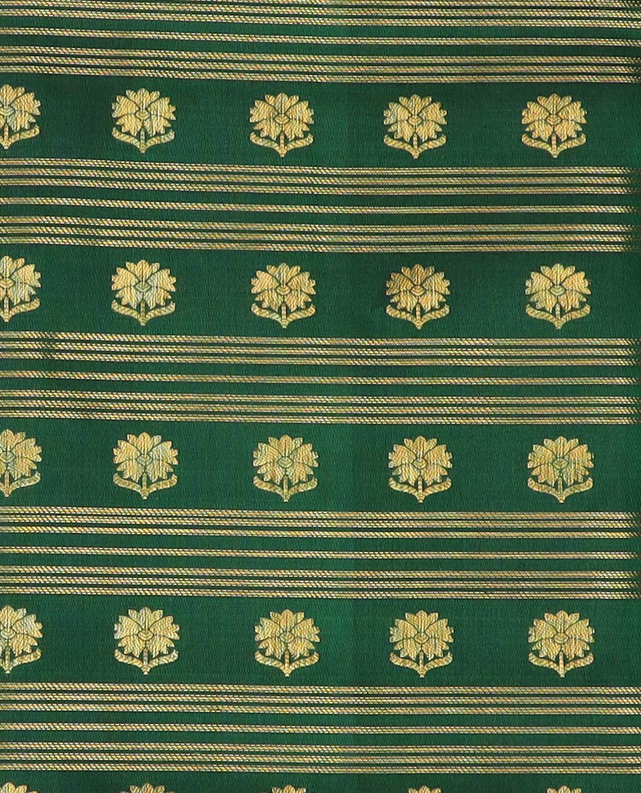 Green pure-silk half-saree with zari buttas, stripes and contrast traditional design bordered skirt, contrast zari design blouse, and jaal design dhavani