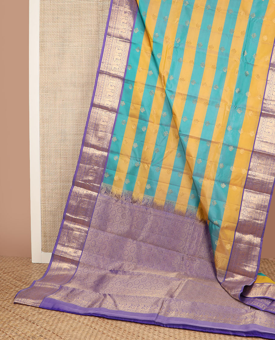 Yellow-blue striped & zari design vasundhara silkmix saree, contrast floral pallu & border of rekku,muthu,kathir & mayil