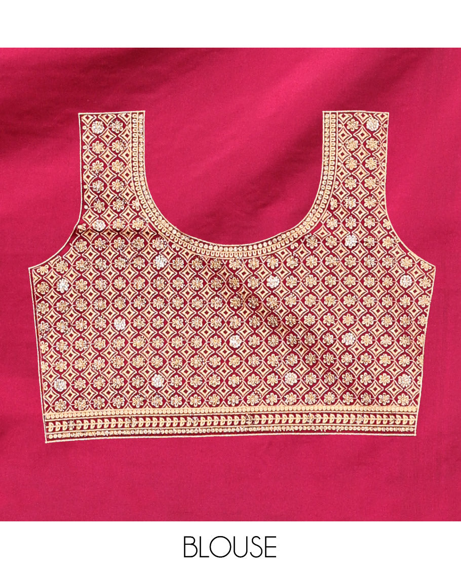 Red Wine Banarasi Satin Saree, Accentuated with Buttas, a Floral Creeper Border, Intricate Stonework Pallu, and a Matching Blouse