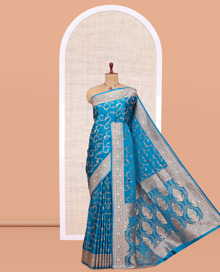 Blue Semi-Banaras Satin Silk Saree