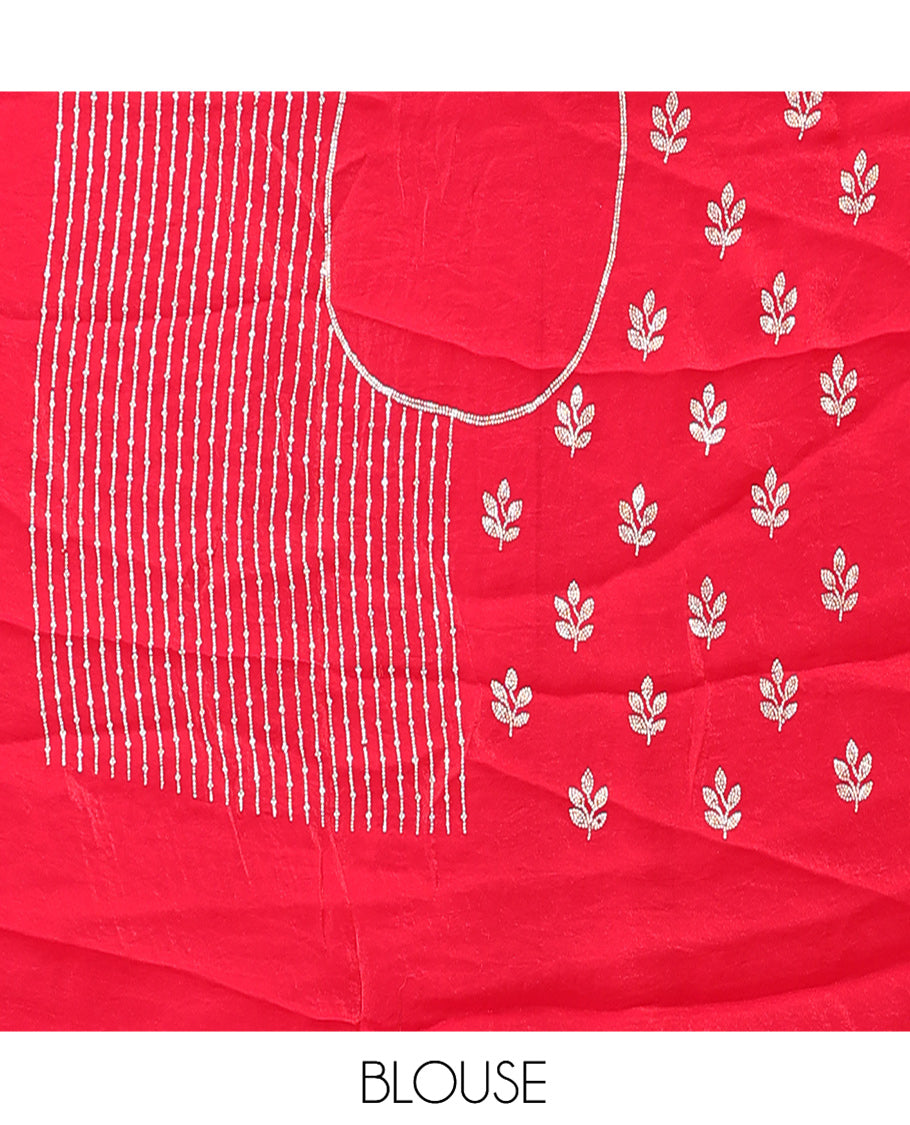 Red Banarasi Half-Saree, Delicately Woven with Floral Buttas Embroidered Skirt, Embroidered Border, Matching Blouse, and Contrast Scallop Embroidered Dupatta