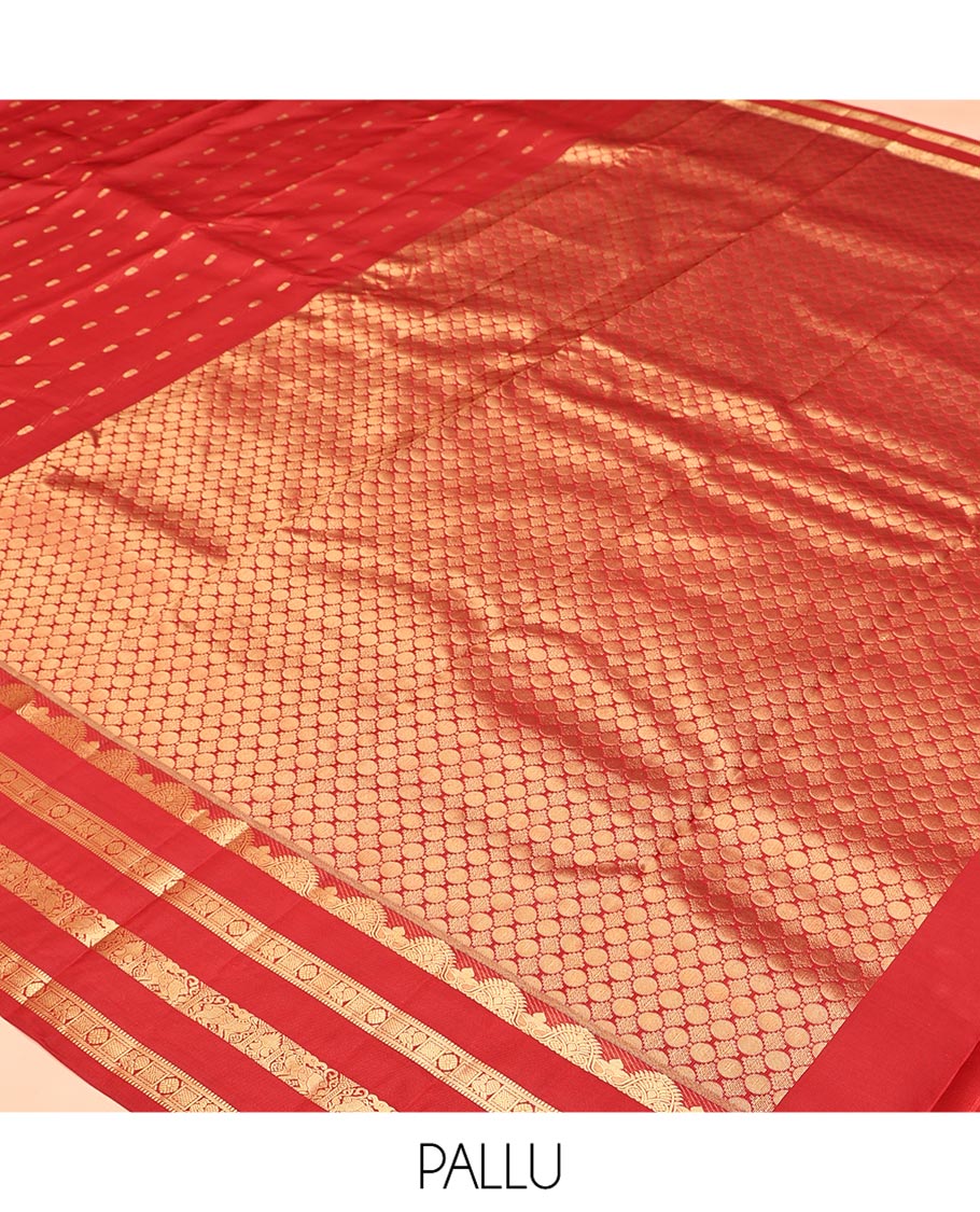 Rust Vasundhara Silk Mix Saree, Beautified with Zari Buttas All Over Its Body, Highlighted by Varisai Pettu Border of Mayil, Laddu Kamalam, and Yaali Designs, Grand Pallu and Paired with a Matching Blouse