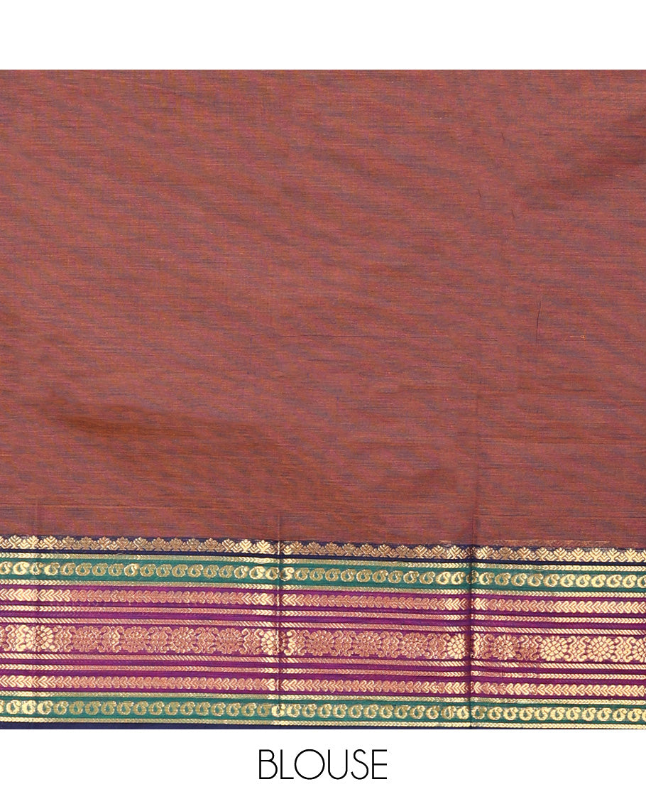 Brown Plain Chettinad Cotton Saree, Complemented by a Contrasting Traditional Zari Design Border, Pallu of Stripes, and Paired with a Matching Blouse