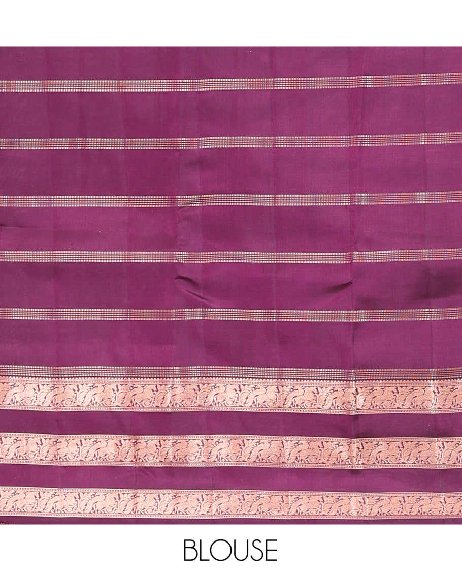 Purple Vasundhara Lite Silk Mix Saree, Impeccably Styled with Zari Butta Enclosed Checks, a Zari Border of Muthu, Mayil, and Kuthirai Designs, Grand Pallu, and a Matching Blouse