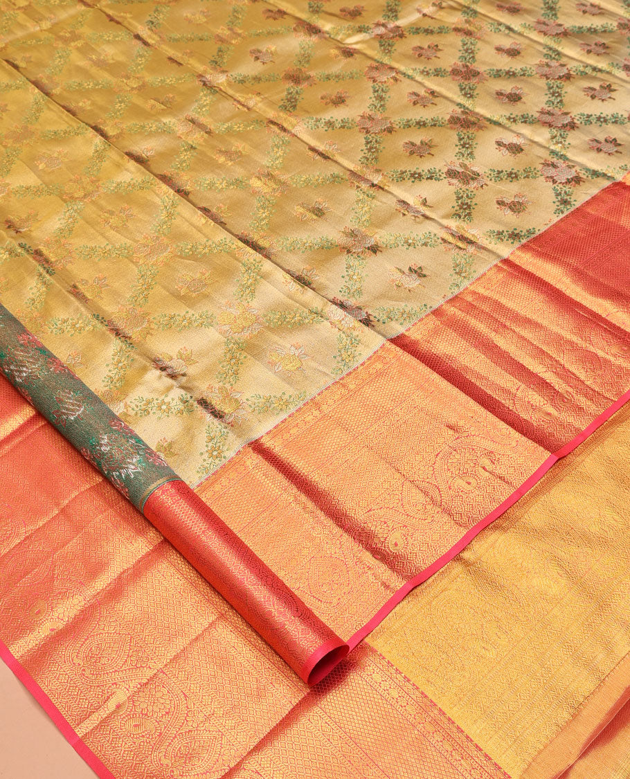 Gold Jacquard Design Kanchipuram Tissue Silk Saree, a Contrast Border of Thilakam Mokku, Muthu, Kamalam, Paisa, Mayil Kann, Cross Kamalam, Manga, and Jaal, Grand Pallu, and Contrast Blouse
