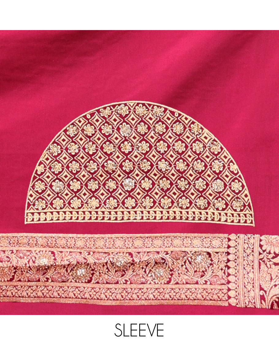 Red Wine Banarasi Satin Saree, Accentuated with Buttas, a Floral Creeper Border, Intricate Stonework Pallu, and a Matching Blouse