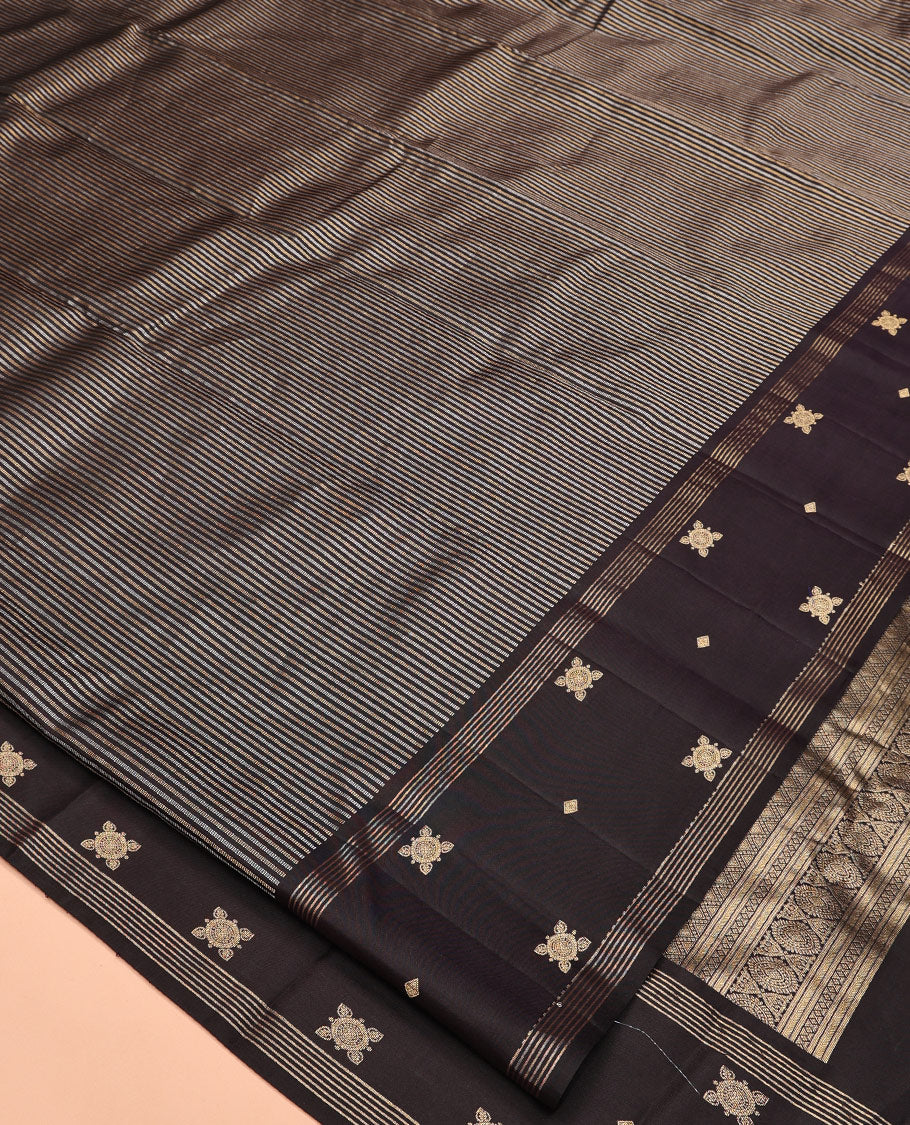 Dark Brown Vasundhara Silk Saree, Elevated with Zari Stripes, Highlighted by a Unique Zari Design Border, Jaal Pallu, and a Matching Blouse