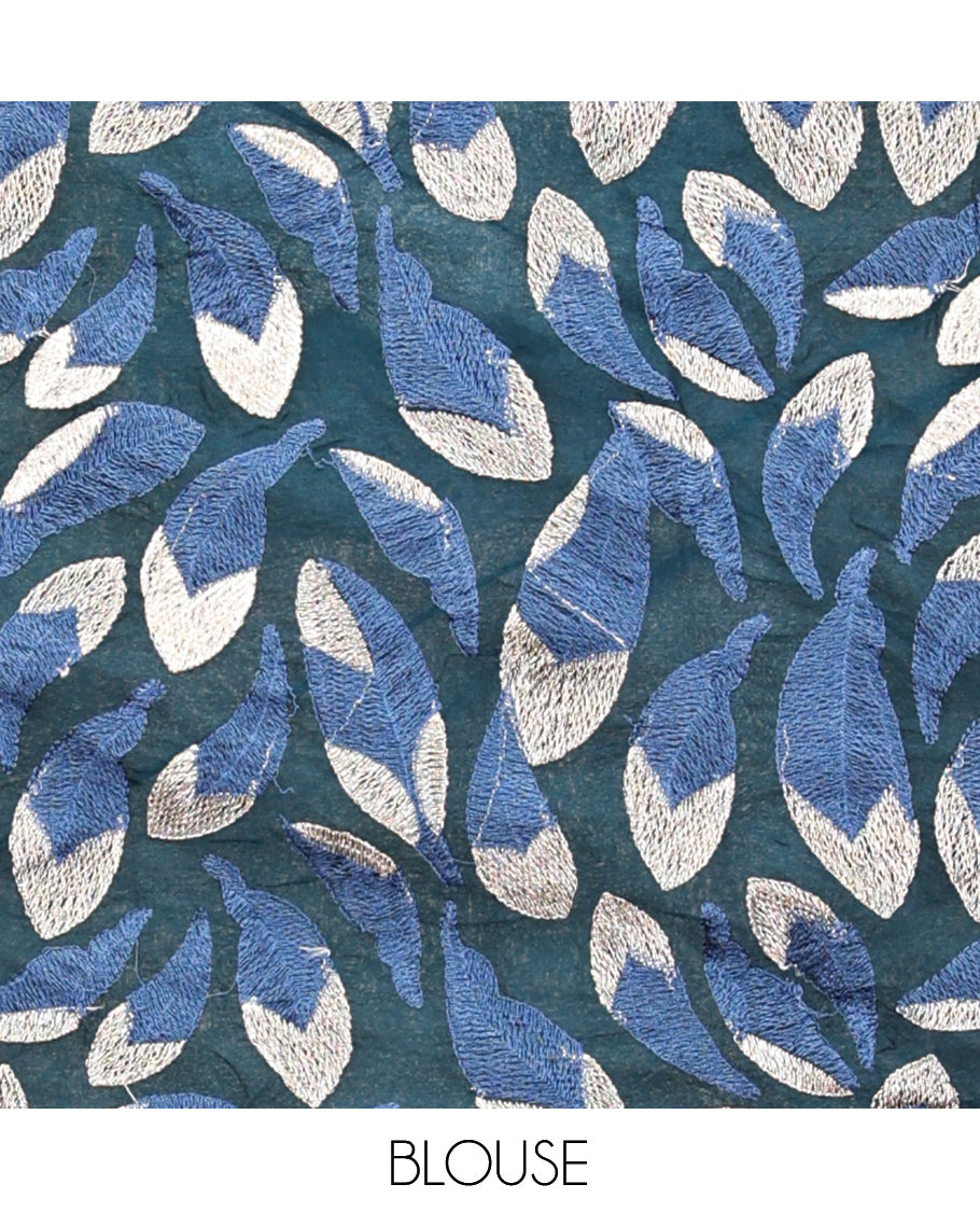Blue Plain Organza Saree, a Scalloped Leaf-Motif Thread Embroidery Border, Pallu, and a Matching Embroidered Blouse
