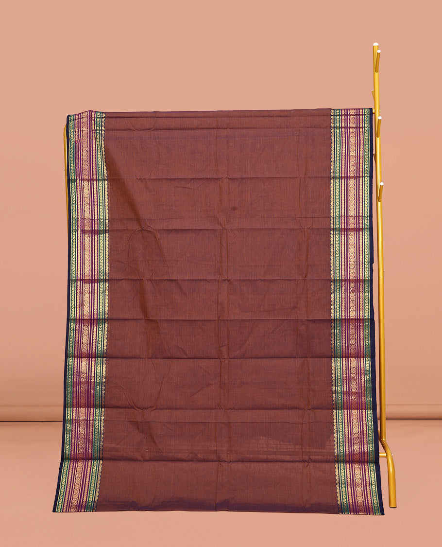 Brown Plain Chettinad Cotton Saree, Complemented by a Contrasting Traditional Zari Design Border, Pallu of Stripes, and Paired with a Matching Blouse