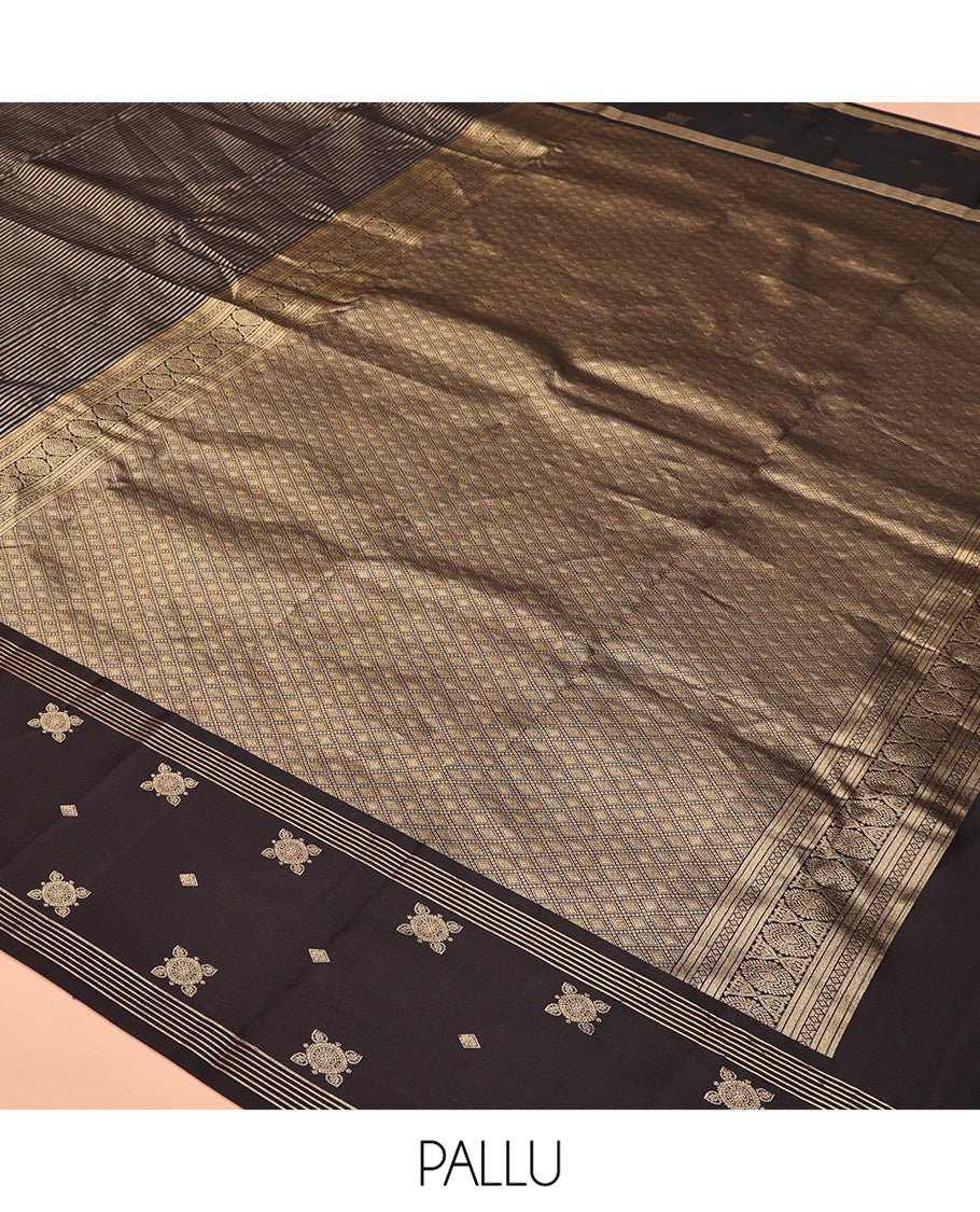 Dark Brown Vasundhara Silk Saree, Elevated with Zari Stripes, Highlighted by a Unique Zari Design Border, Jaal Pallu, and a Matching Blouse