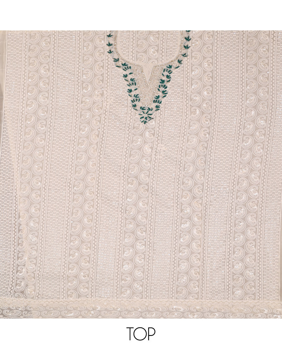Sandal and Green Material Chudidar Set, Mesmerized with Chikankari-Style Thread and Sequins Embroidered and Neck Work on Georgette Top, a Plain Santoon Bottom, and Paired with a Floral Printed Georgette Dupatta