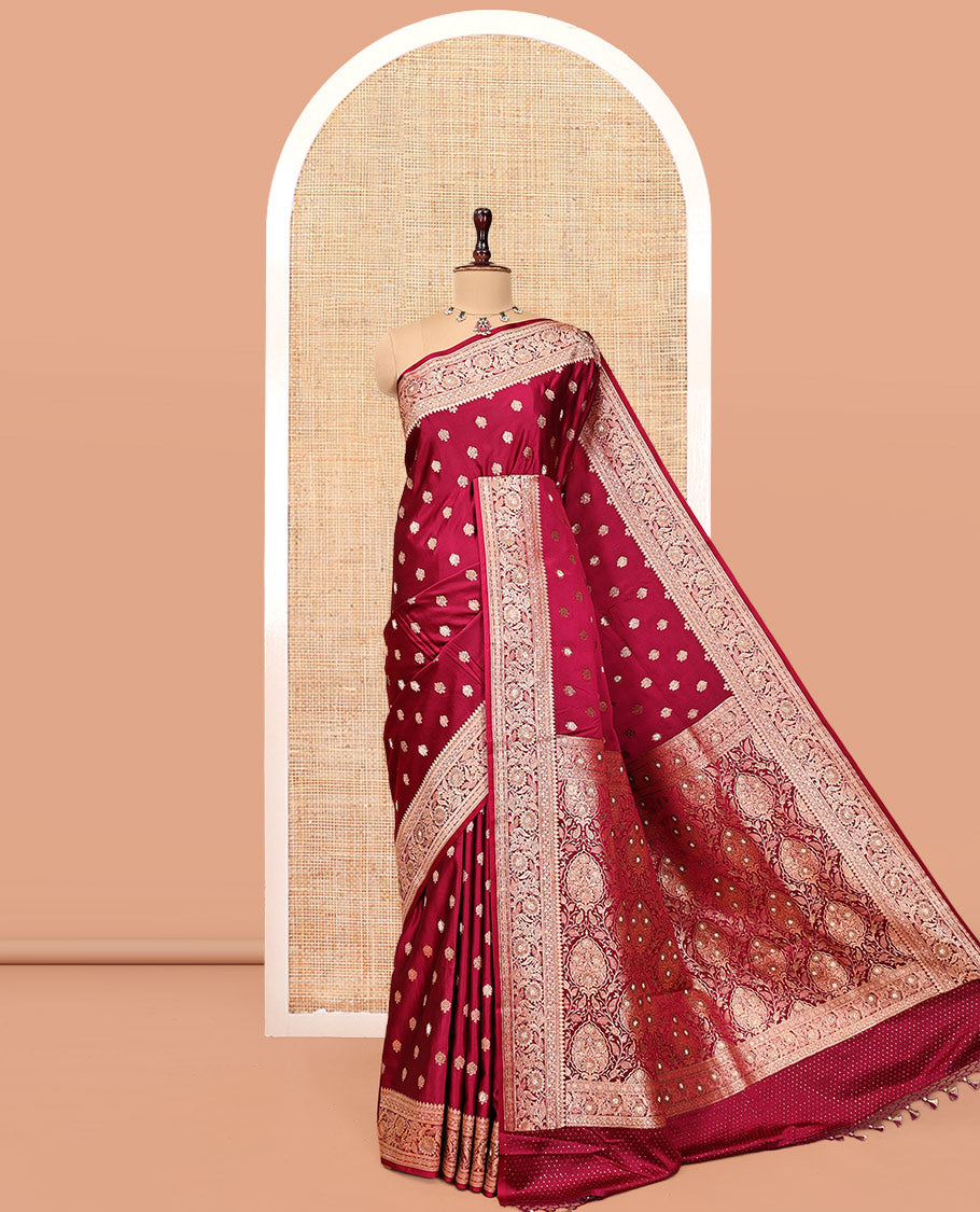 Red Wine Banarasi Satin Saree, Accentuated with Buttas, a Floral Creeper Border, Intricate Stonework Pallu, and a Matching Blouse