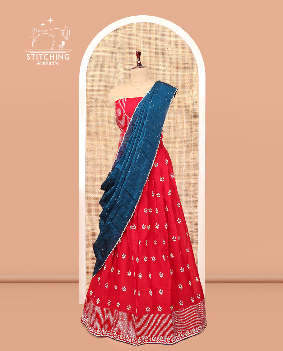 Red Banarasi Half-Saree, Delicately Woven with Floral Buttas Embroidered Skirt, Embroidered Border, Matching Blouse, and Contrast Scallop Embroidered Dupatta