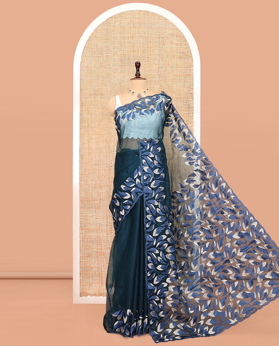 Blue Plain Organza Saree, a Scalloped Leaf-Motif Thread Embroidery Border, Pallu, and a Matching Embroidered Blouse