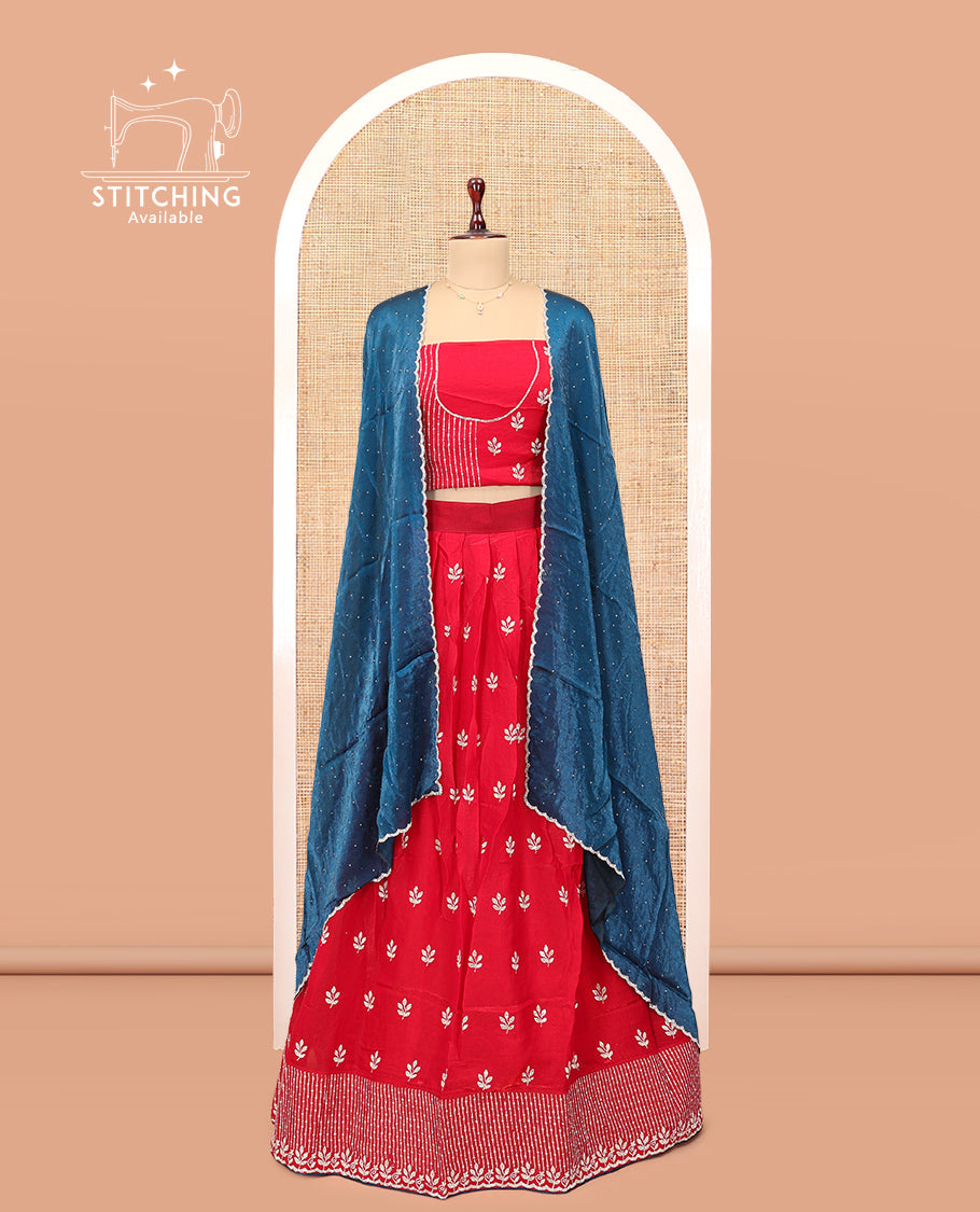 Red Banarasi Half-Saree, Delicately Woven with Floral Buttas Embroidered Skirt, Embroidered Border, Matching Blouse, and Contrast Scallop Embroidered Dupatta