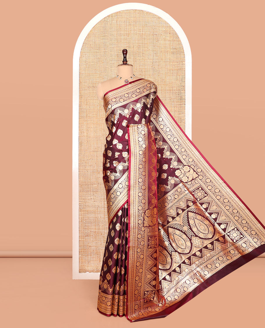 Maroon Banarasi Nylon Saree, Embellished with Buttas, Floral Creeper Zari Border, Intricate Pallu, and a Matching Blouse