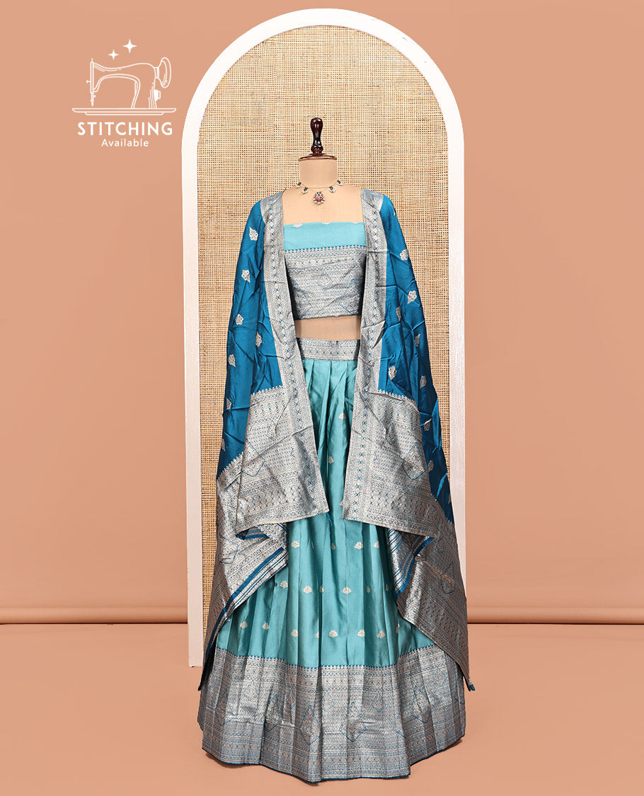 Blue Art Silk Half Saree, Embellished with Buttas Skirt, Contrast Traditional Border, Matching Blouse, and a Contrast Banaras Dhavani