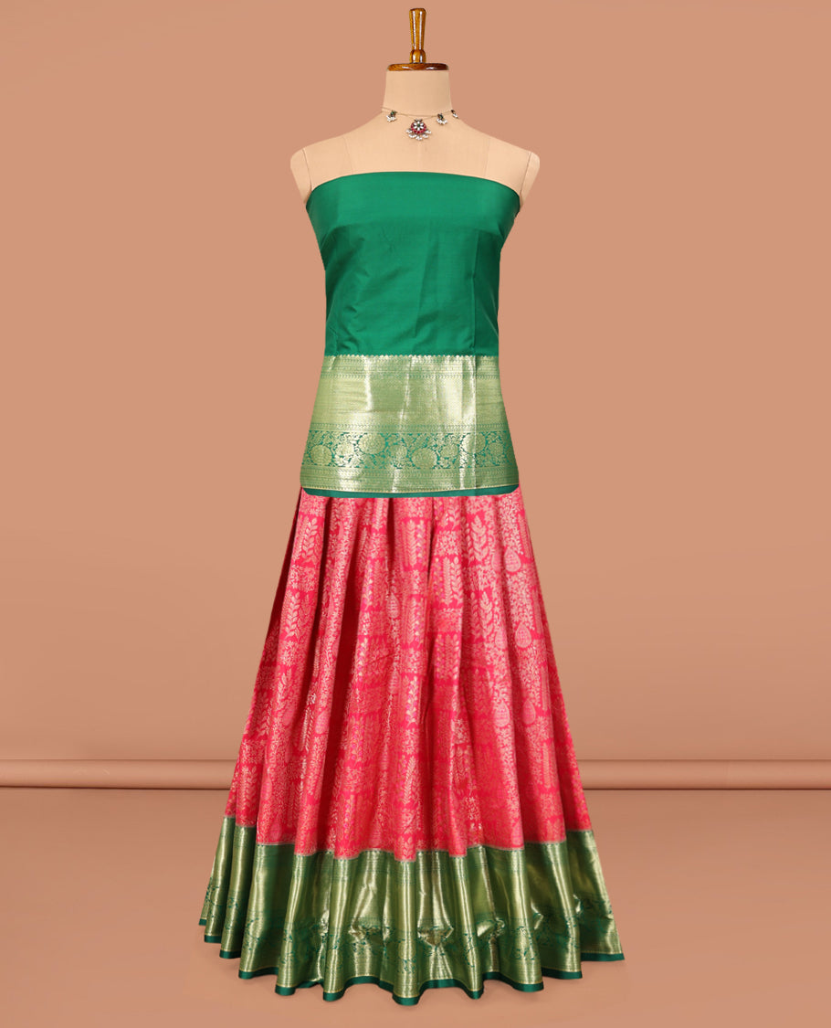 Red Art Silk Material Half Saree, Opulently Embellished with Jacquard Skirt, a Contrast Traditional Zari Border, Contrast Blouse, and an Intricate Dhavani