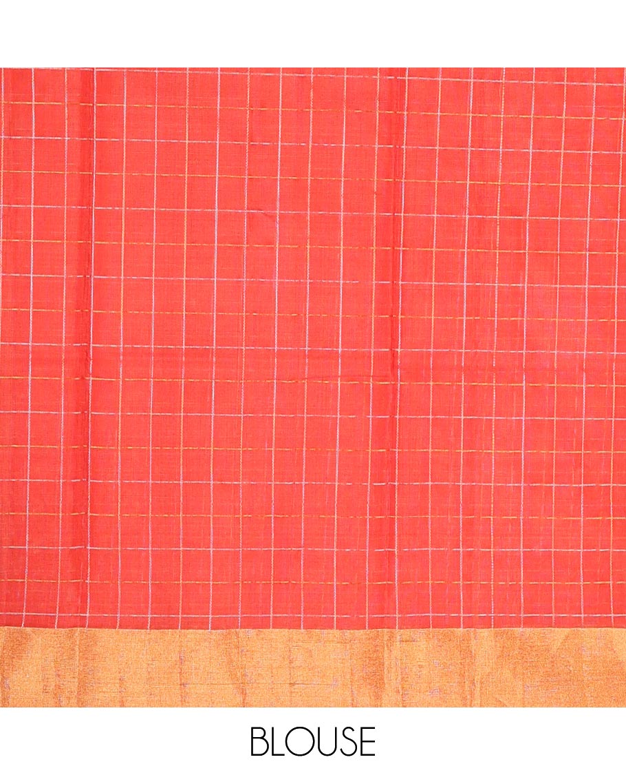 Red checked, floral motifs silk cotton saree with self zari border & floral design pallu