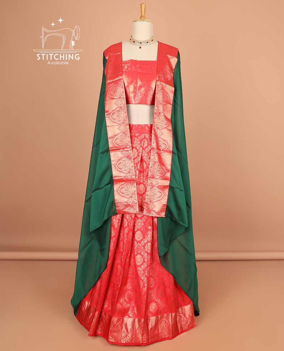 Red floral jacquard half saree with self floral zaei design border , zari design blouse & plain, zari design border dhavani