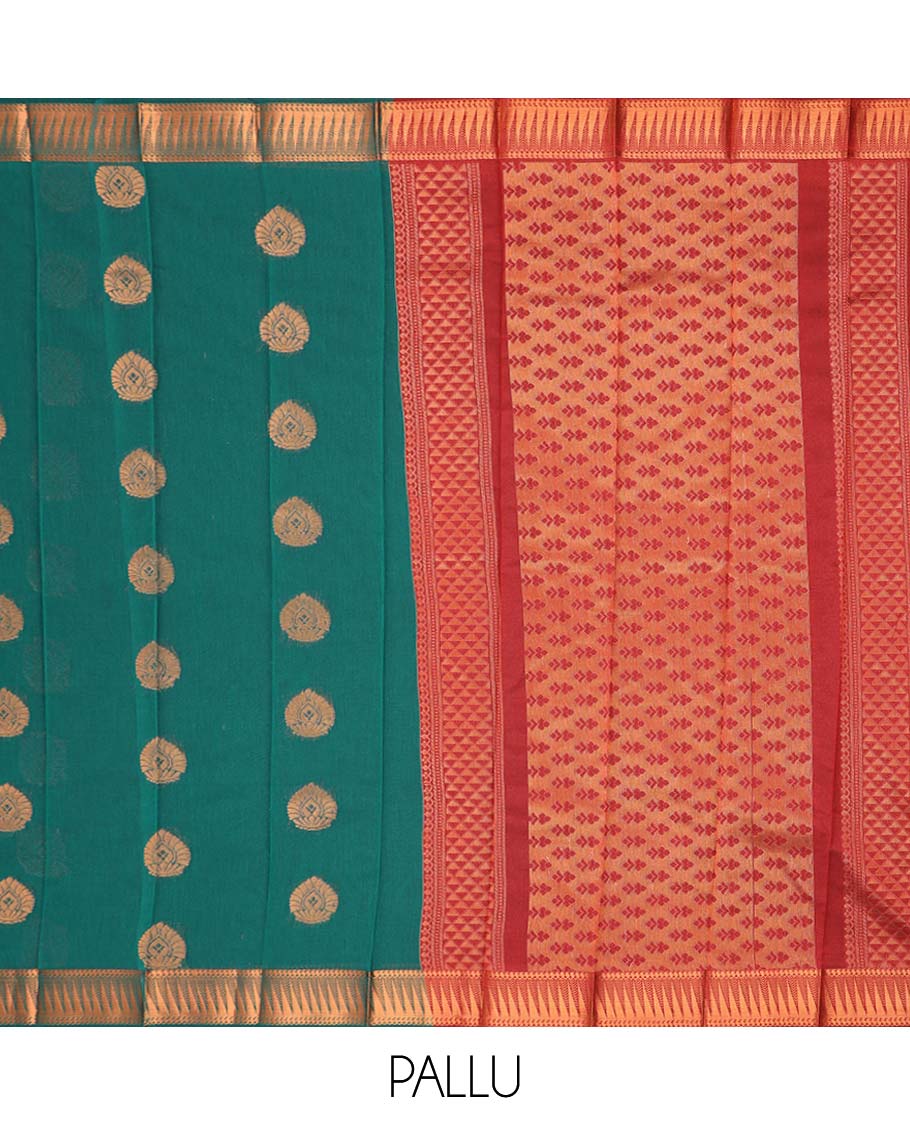 Green motifs kora cotton saree with contrast temple border & intricate zari design pallu