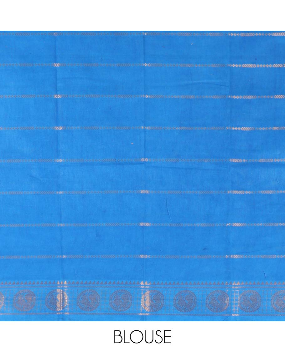 Navy blue zari checked sungudi cotton saree, contrast temple & elephant motifs border, zari striped pallu & zari design contrast blouse