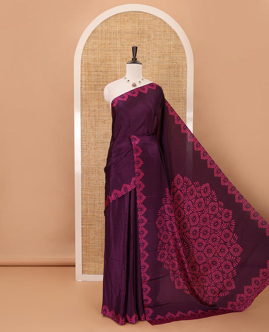 Violet plain design Turkey crepe saree, triangle motif printed border, leaf-like shape printed pallu & printed blouse