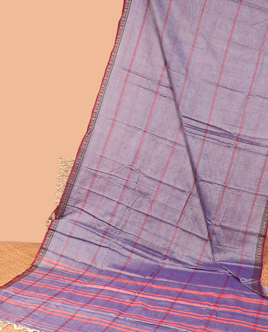 Grey striped Narayanapet cotton saree, contrast traditional motif border & striped pallu