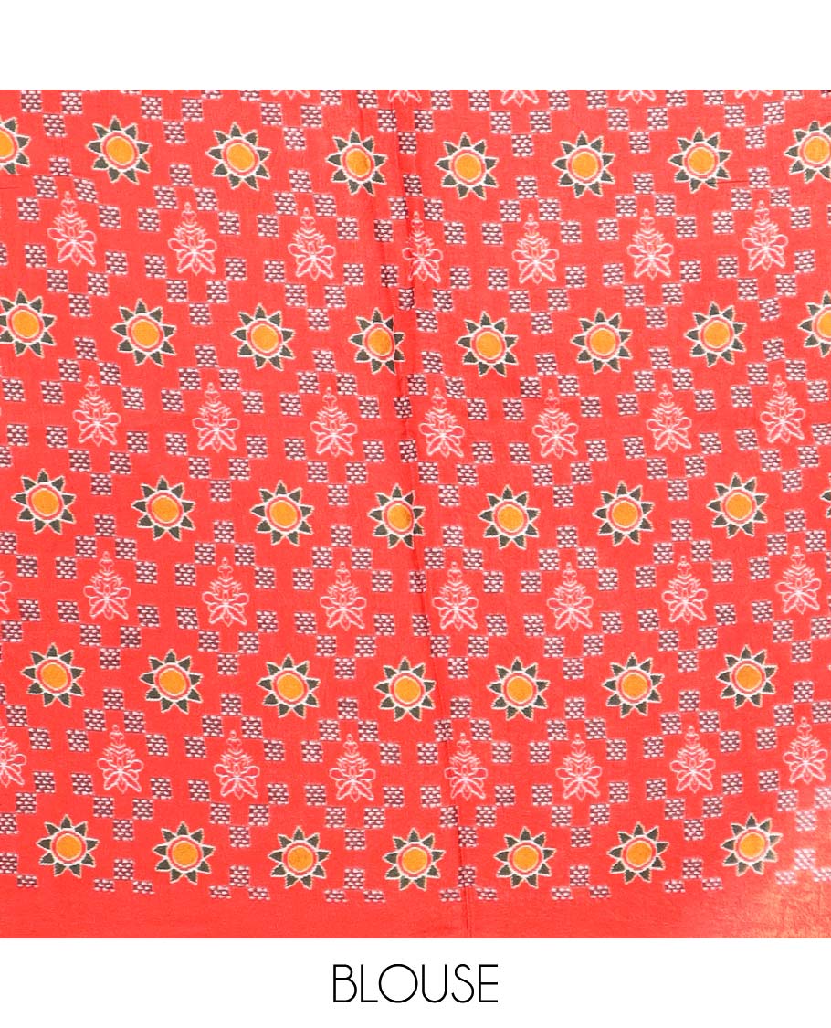 Multi color checked design semi-banaras printed saree with contrast geometric border & animal, geometric design pallu