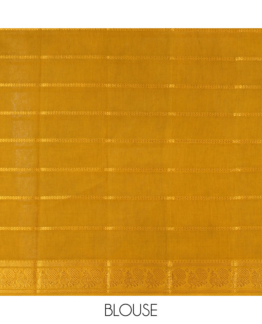 Half-white and yellow Veldhari striped Sungudi cotton saree, contrast traditional border of peacock buttas, zari striped pallu, and a contrast blouse