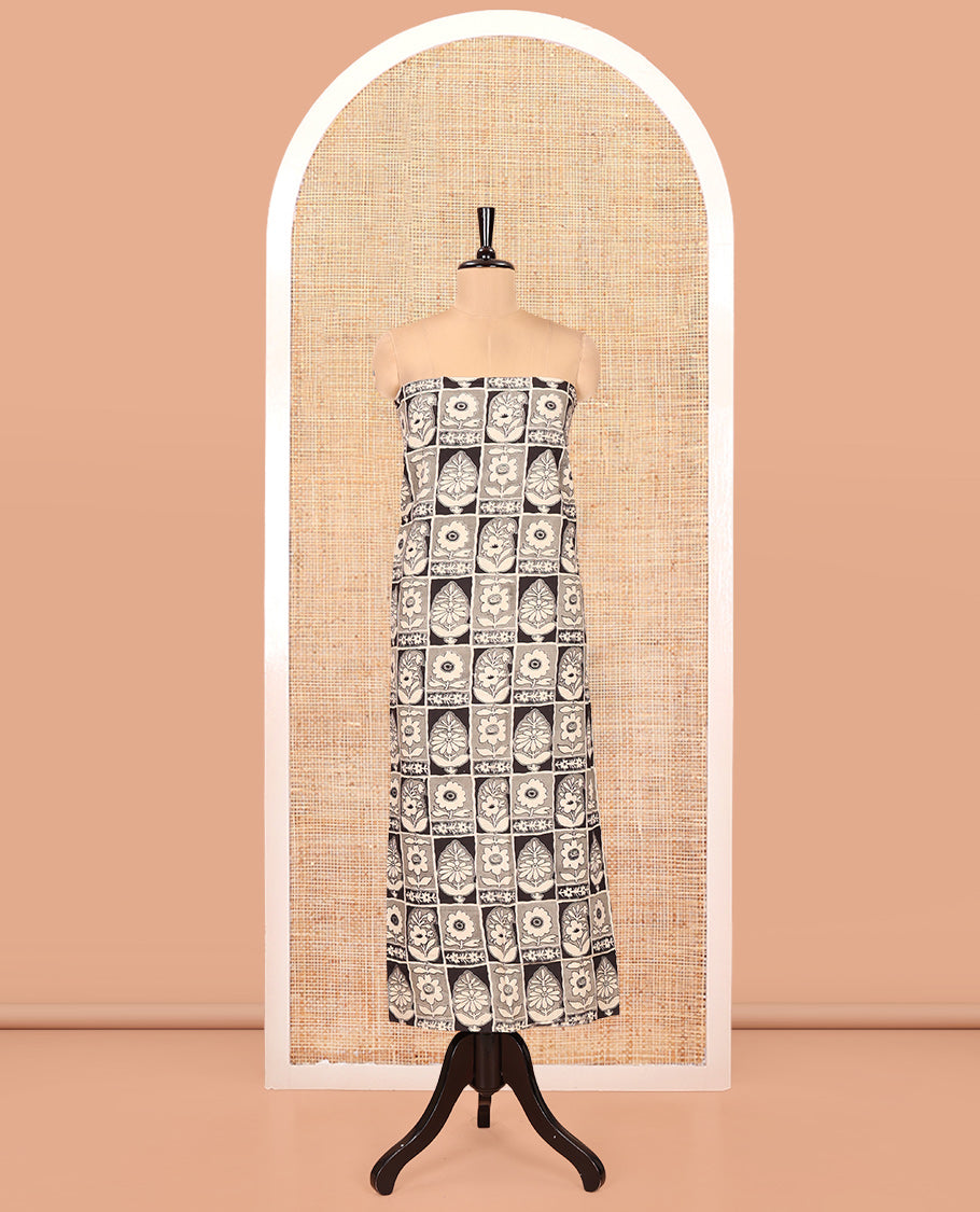Chikku-Black Cotton Material Churidar Features Kalamkari Human Figurines Printed Top, Contrast Bottom, and Contrast Dupatta