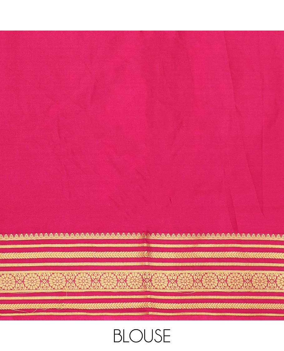 Cream pichwai-style floral vine printed semi-banaras printed saree, contrast traditional design border & striped pallu