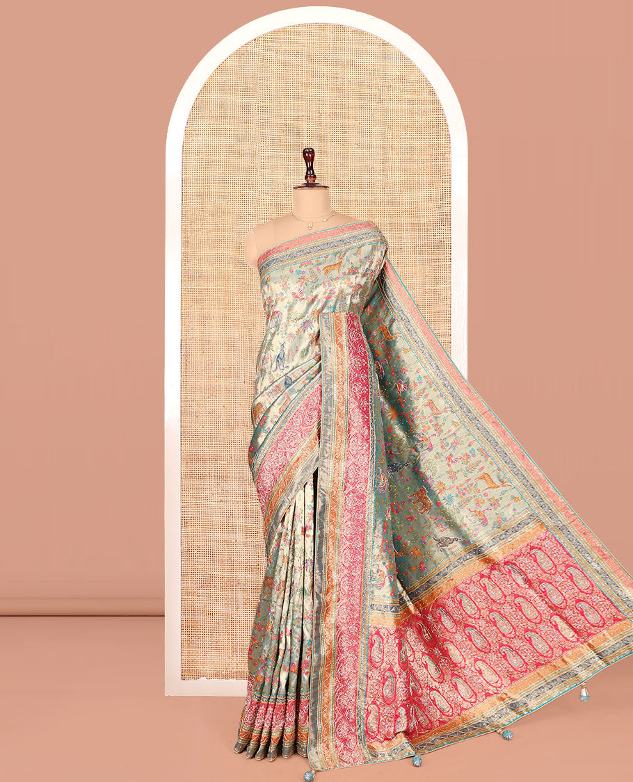Blue Dola Silk Saree, Gracefully Embellished with Floral and Fauna Design on Its Body, Highlighted by Traditional Motif Stone Work Border, Pallu of Paisley Design, and Paired with a Contrast Blouse