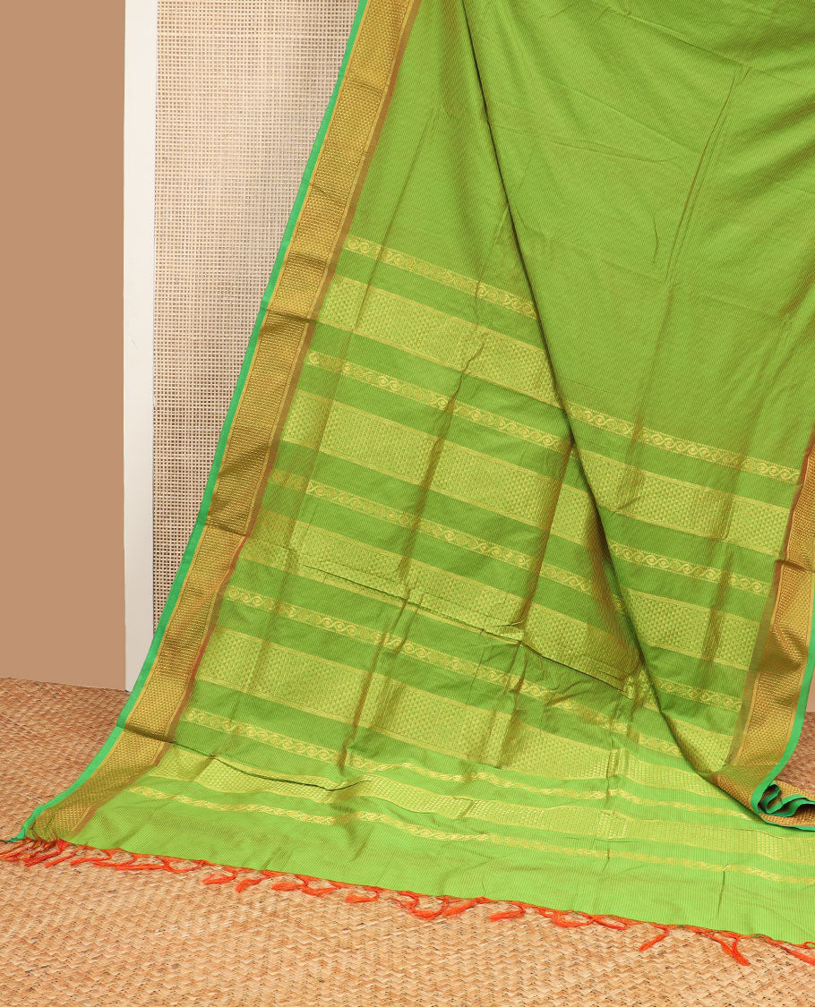 Light green nine yards cotton saree with contrast zari design border & traditional zari design pallu