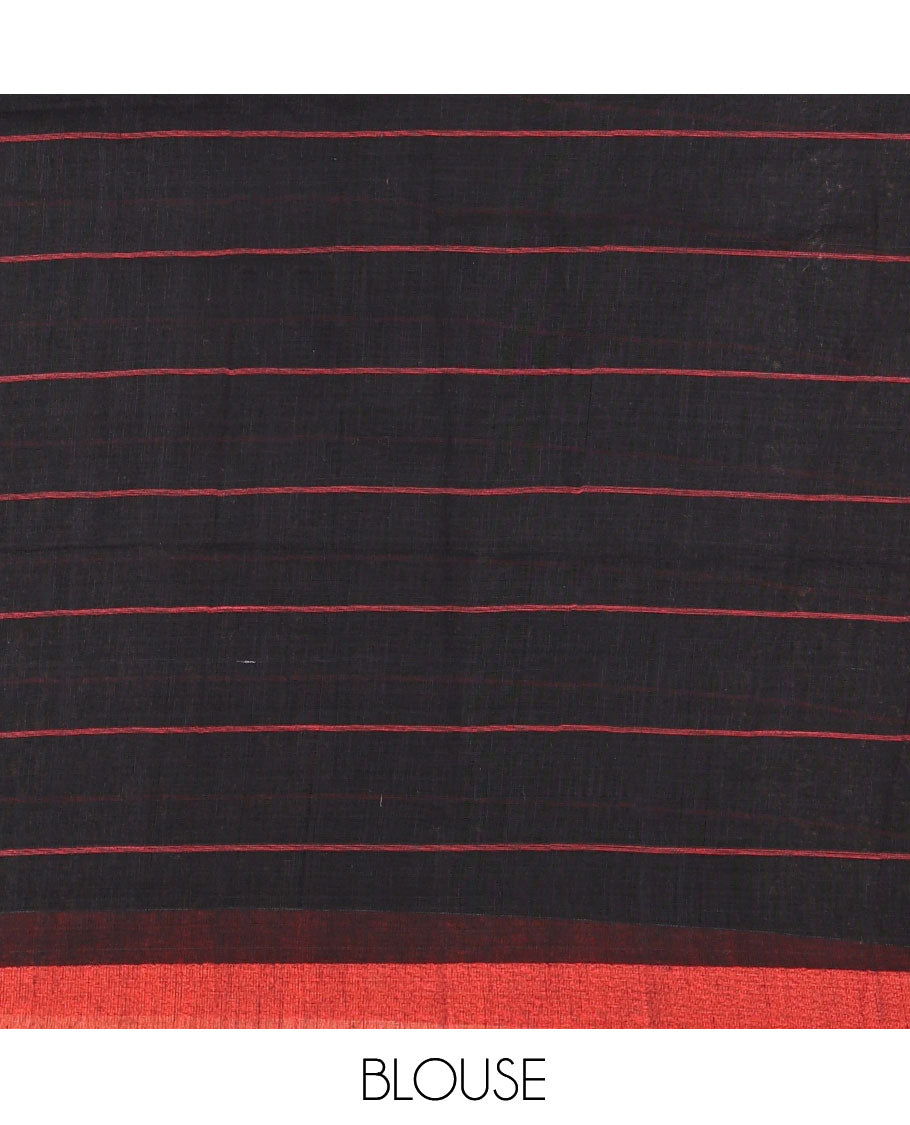 Black Checked Khadi Linen Saree, a Contrast Border, Striped Pallu, and Matching Blouse