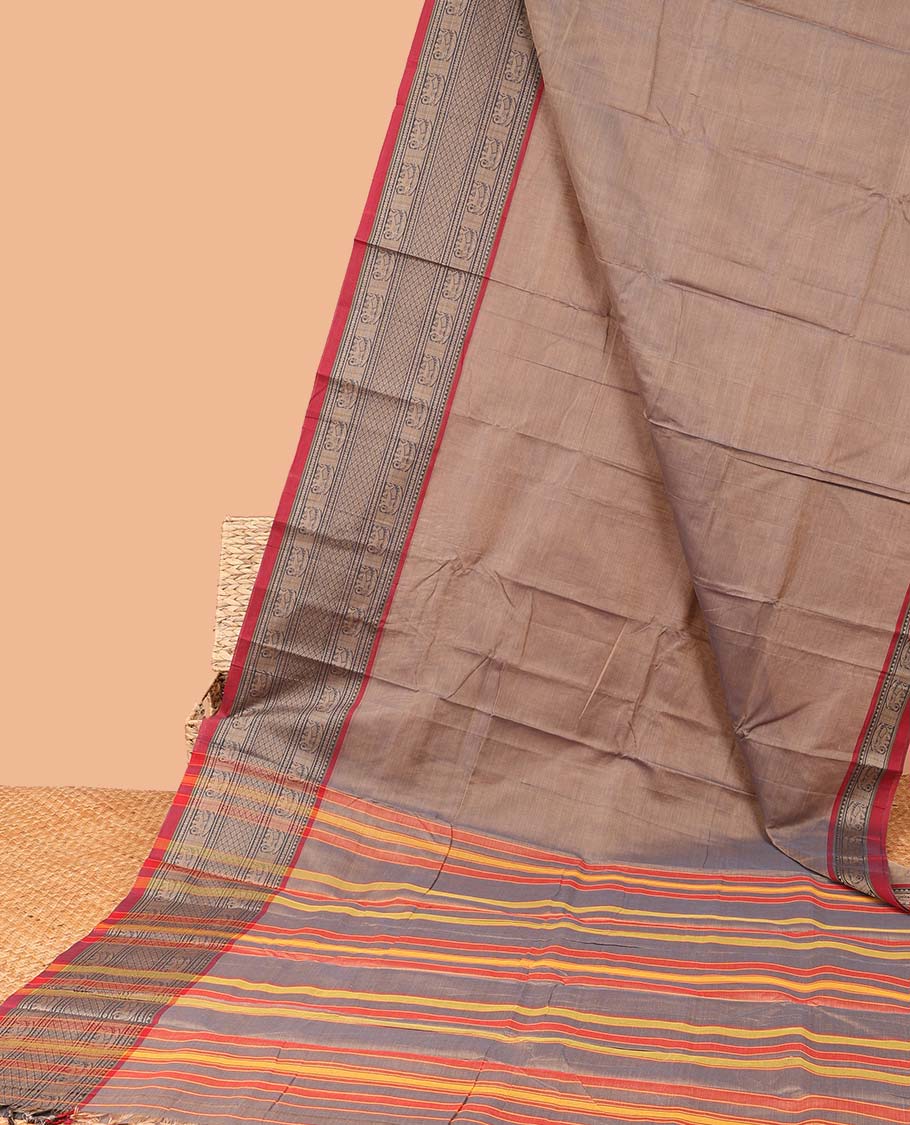 Pale brown plain Narayanapet cotton saree, contrast traditional design border & striped pallu