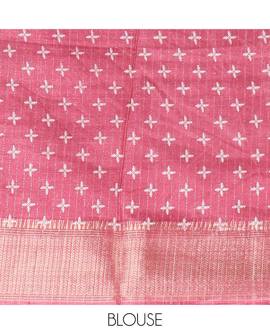 Onion pink zari stripes & floral motifs printed dola silk saree, traditional zari border, printed pallu & small butta printed blouse