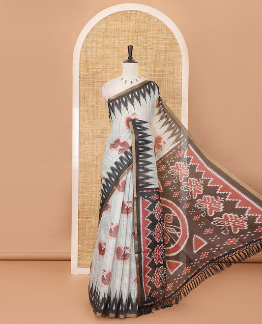 Silver annam motif printed linen cotton saree, contrast zari piping temple border, pochampally ikkat-style pallu & contrast plain blouse