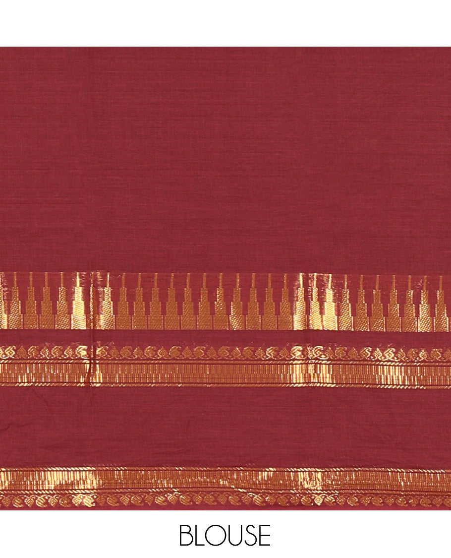 Coffee Brown Zari Buttas Chettinad Cotton Saree, a Traditional Zari Rettai Pettu Temple Border, Striped Pallu, a Matching Blouse