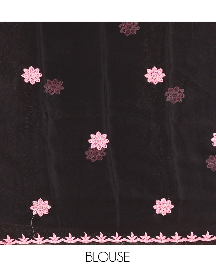 Pink Chiffon Saree, Gracefully Embellished with Floral Embroidery Buttas, a Lace Embroidered Border, a Contrast Blouse