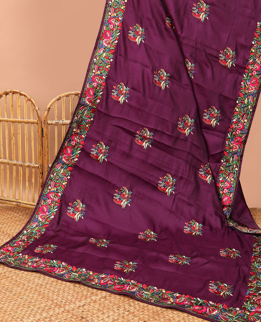 Purple all-over floral motifs thread embroidery tussar silk saree with self floral embroidery border