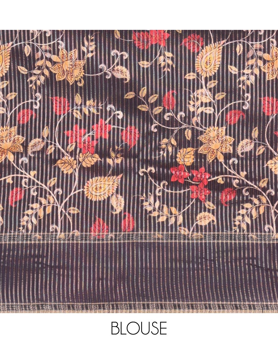 Maroon Plain Semi-Tussar Silk Saree, Complemented by a Contrast Geometric Design Border, Subtly Zari Striped Pallu, and Paired with a Contrast Floral Vine Printed Blouse