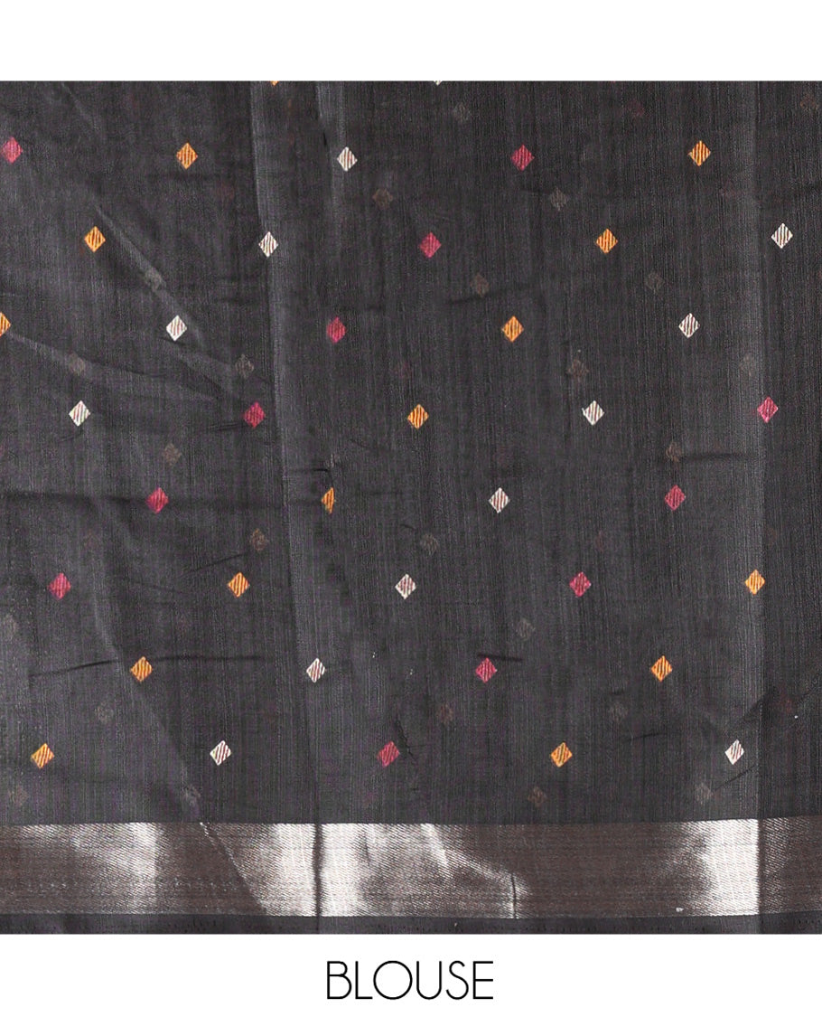 Black Jute Linen Saree, Accentuated with Jamdani Buttas, a Zari Border, Paisley Pallu and a Printed Blouse