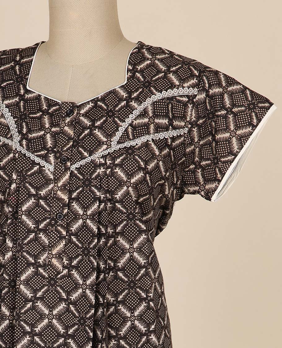 Multi-color geometric design printed & square neck, with lace cotton half sleeve nighty