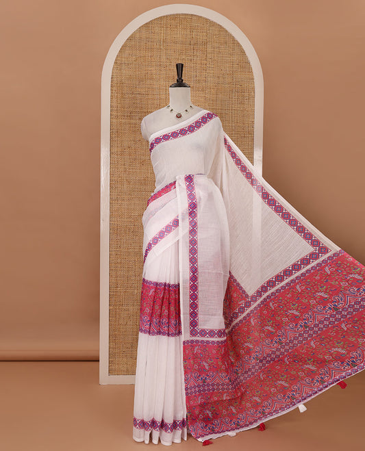 White half-plain & half-printed linen cotton saree, pink-color diamond-patterned border, kalamkari-style flora-fauna printed pallu & diamond jaal printed blouse