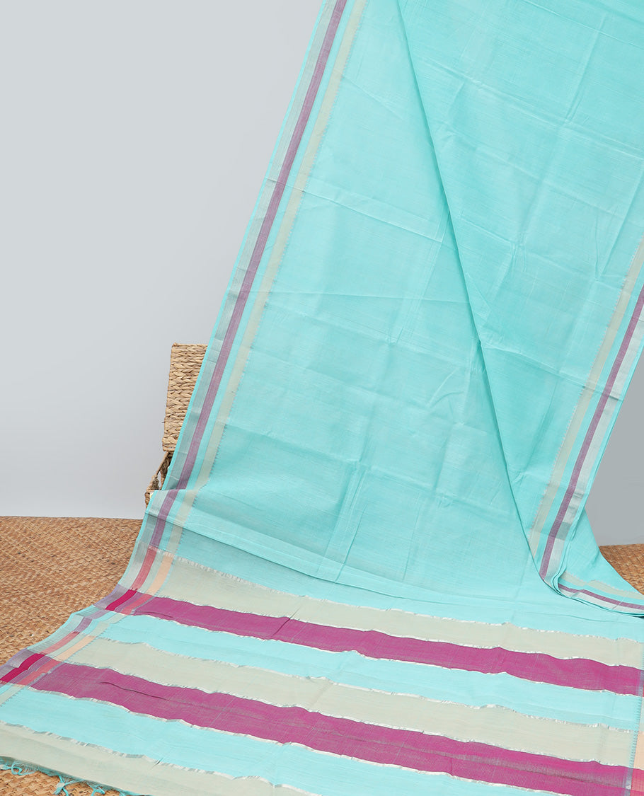 Light blue mangalagiri cotton saree with contrast striped border & multi-color striped pallu